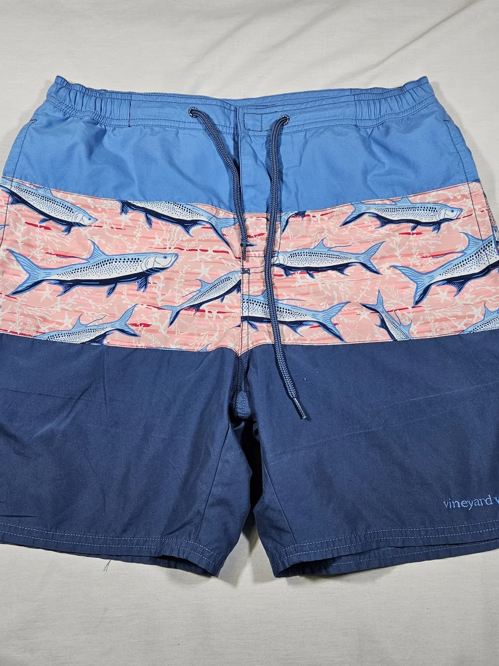 Vineyard Vines Men's Small Chappy Swim Trunks Tarpon Fish Blue Pink